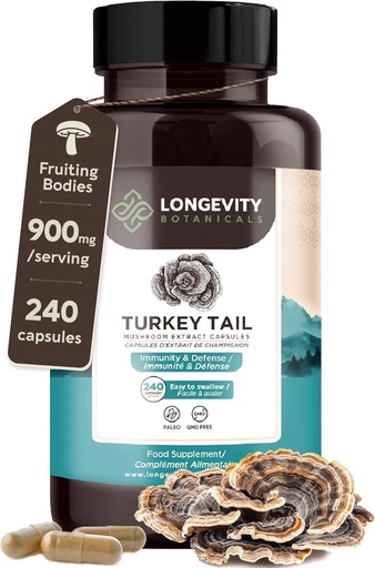 [BRSROHQLBF5GECT4] Organic Turkey Tail Mushroom Capsules Supplement (240) | Pure Fruiting Body 10:1 High Strength Extract | 50% Beta-D Glucans | 9.000mg Raw Equivalent per Serving | Immune, Gut & Microbiome Support