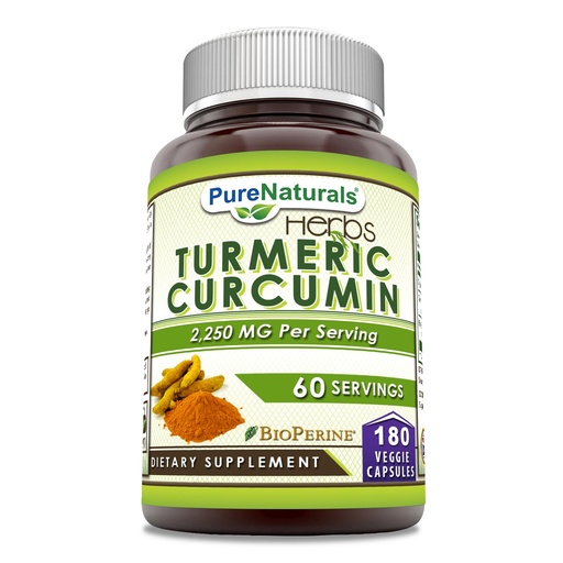 [BRSROBD3AEBWEFLO] Pure Naturals Turmeric Curcumin with Bioperine 2250 mg Per Serving Supplement | Veggie Capsules | Non-GMO | Gluten Free | Made in USA (1 Pack, 180 Count)