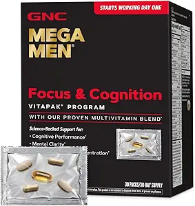 [BRSROAADOJ5RU3TG] GNC Mega Men Focus and Cognition Vitapak Program, Convenient, Complete Nutrition, 3 Products in 1 Packet, Clarity, Focus, Energy, Concentration, Works on Day One, 100mg Caffeine, 30 Daily Packs