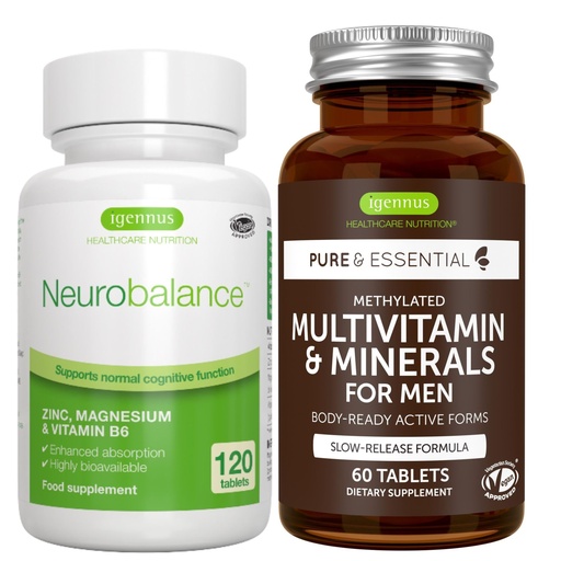 [BRSRMZT7BZ6BM2D7] Neurobalance + Multivitamin & Minerals for Men Vegan Bundle, High Absorption Zinc, Magnesium & B6 Supplement + Sustained Release Multivitamin by Igennus