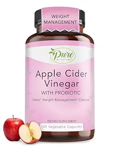 [BRSROAIOCEPQOFL2] Pure By Nature Apple Cider Vinegar + Probiotic for Women & Men, Raw Apple Cider Vinegar Pills for Weight Management Support & Cleanse Support (120 Capsules)