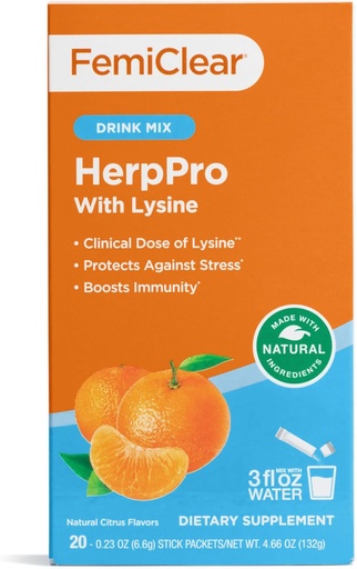 [BRSROC32BEMWO2Y7] FemiClear HerpPro Drink Mix, su L- Lizine 3000mg, Cinkas, Vitaminai A & C, Ashwagandha, Imunitetas & Stresas Priedas moterims ir vyrams, 20 Stick Paketai