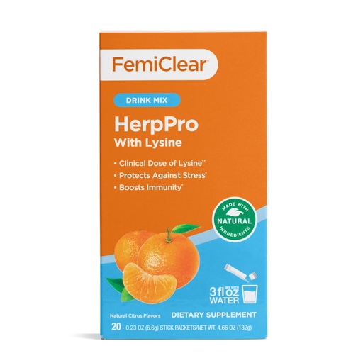 [BRSROC32BEMWO2Y7] FemiClear HerpPro Drink Mix, with L-Lysine 3000mg, Zinc, Vitamins A & C, Ashwagandha, Immunity & Stress Supplement for Women & Men, 20 Stick Packets