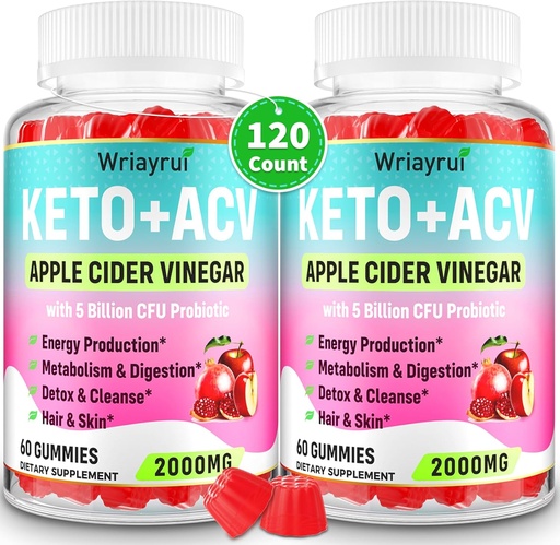 [BRSRAGIPCEDWYCDH] Apple Cider Vinegar Gummies, Avanzado Keto ACV Gummies, ACV Gummies para Detox, Limpieza, Metabolismo & Digestion, Keto Soporte, Formulado con té verde, B6 & B12, Probióticos, 120 Condes