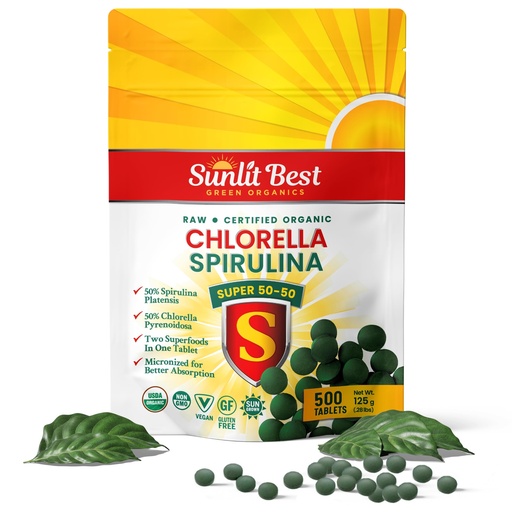 [BRSRMAITCENAM3DF] Sunlit Super 50/50 Organic Chlorella Spirulina Tablets - Super Supplement for Immune Support, Gut Health, Mood & Energy - Rich in Chlorophyll, Amino Acids & Vegan Protein, 500 Superfood Tabs