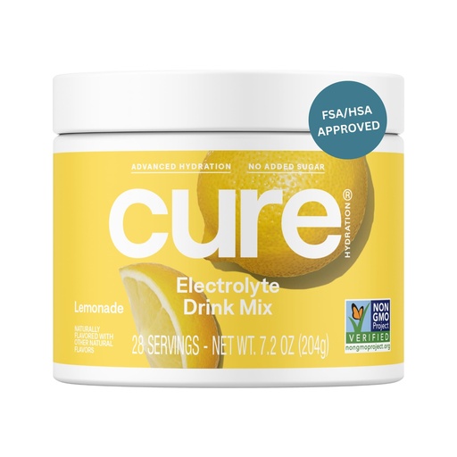 [BRSROCYYBENWMADK] Cure Hydration | Plant-Based Electrolyte Drink Mix | No Added Sugar | FSA-HSA | Dehydration Relief Powder Made with Coconut Water | Non-GMO | Vegan | 28 Servings Jar - Lemonade