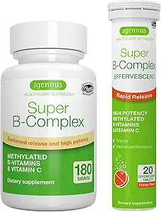 [BRSRAFLQOJYWMDLU] Super B-Complex Bundle, 180 Sustained-Release Tablets & 20 Orange Flavor Effervescent Tablets for Fast Energy On The Go, by Igennus