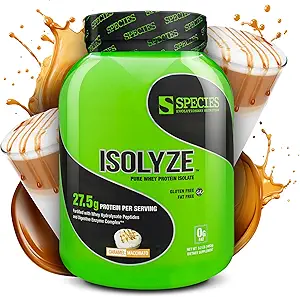 [BRSWEBI6BF6GMC3F] Species Nutrition Isolyze Whey Protein Powder, 100% Whey Isolate for Muscle Building, 27.5g Protein Per Scoop, No Sugar & Low Fat (Caramel Macchiato, 44 Servings)