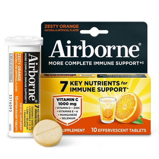 [BRSWIYYNDIIBEDLC] Airborne Immune Support Effervescent Tablets, Zesty Orange Flavor - 10ct with 1000mg Vitamin C + Vitamins A, D, E, Zinc, Selenium, Manganese & Herbal Blend - Sugar‑Free, Gluten‑Free