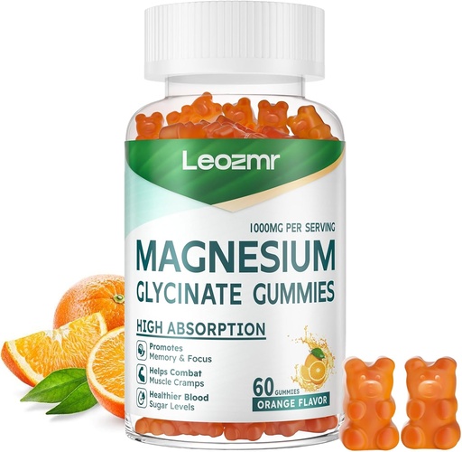 [BRSRA2YBBAFRYYDP] Magnesium Glycinate Gummies 1000mg - Sugar Free Magnesium Potassium Supplement with Vitamin D, B6, CoQ10 for Calm Mood & Sleep Support - 60 Orange Gummies