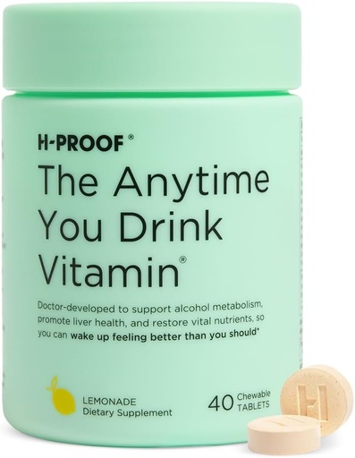[BRSW2ATYCB7QEETK] H-PROOF The Anytime You Drink Vitamin, Liver Health & Immunity Support with Electrolytes, Milk Thistle, and Vitamins B & C - 40 Chewable Tablets (20 Servings), Vegan, Lemonade
