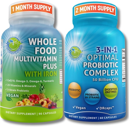 [BRSRMFALAAMAIHIU] Gut & Immune Health Bundle - 3-in-1 Probiotic (50 Billion CFU, 10 strains) with Digestive Enzymes & Prebiotics & Vegan Whole Food Multivitamin with Iron enriched with Fruits & Veggies - Vegan, Non-GMO