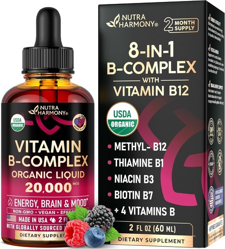 [BRSROGI5OYMRGCLD] USDA Organic Vitamin B-Complex B5 Pantothenic Acid | B12 Methylcobalamin | B1 Thiamine | B6 Pyridoxine | B7 Biotin | B9 Folic | B3 Niacinamide - B Complex Liquid Drops, Made in USA Supplement, 2fl oz
