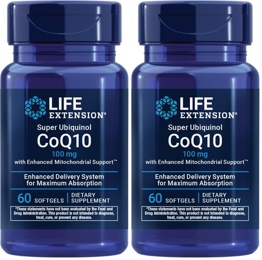 [BRSROBD3AACA4G3A] Life Extension Super Ubiquinol CoQ10 with Enhanced Mitochondrial Support, Potent Heart Health & Cellular Energy Production Support,Ultra-absorbable,Gluten-Free,Non-GMO, 100 mg, 60 softgels (Pack of 2)