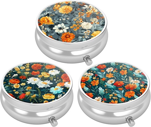 [BRSRAZINOQNBOAAU] 3 Pack Pill Box, Small Pill Case for Purse & Pocket, Cute Travel Medicine Organizer, Portable Medicine Container Holder to Hold Vitamins, Medication, Fish Oil & Supplement, Beautiful Flower