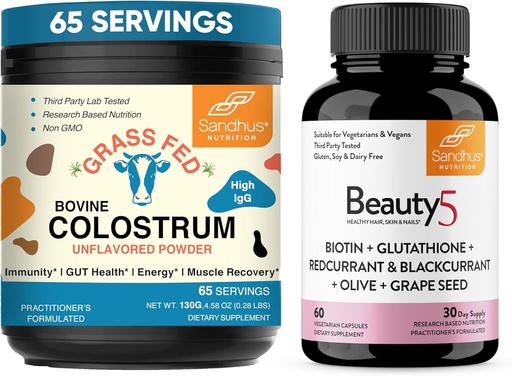 [BRSROBQ5DMHBUCY2] Sandhu's Pure Bovine Colostrum Powder Supplement for Humans & Beauty5 Vegetarian Capsules| Immune, Gut, Muscle, Hair, Skin and Nail Health Support| Non-GMO
