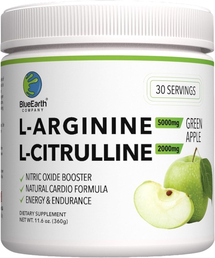 [BRSWYADYOEIGEFIY] L-Arginine 5000mg + L-Citrulline 2000mg Complex Powder Supplement Drink Mix - Nitric Oxide Booster for Heart Health, Blood Flow & Energy - 30 Servings (Green Apple)