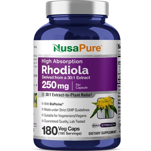 [BRSWGZYNA4FWA2TK] NusaPure Rhodiola Rosea Capsules, 250 mg, 180 Veg Capsules (Non-GMO, Vegan)