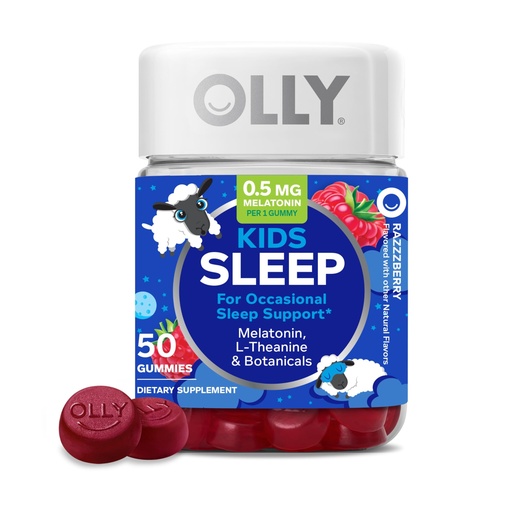 [BRSWGBD4CEBWA2Q3] OLLY Kids Sleep Gummy, Occasional Sleep Support,* 0.5mg Melatonin, L-Theanine, Raspberry Flavored, 50 or 25 Day Supply - 50 Count
