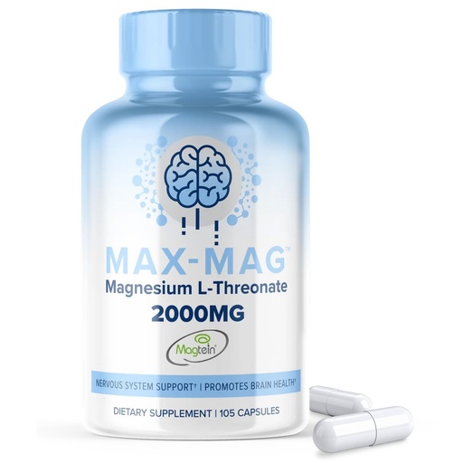 [BRSROGQKBMHQOCD5] Max-Mag 2000mg Magnesium L Threonate Supplement - 105 Capsules Made in USA, Magtein Magnesium Threonate Supplement with Vitamin D3 & K2 for Sleep, Mood & Brain Function, Nutrition by MaxLife Naturals