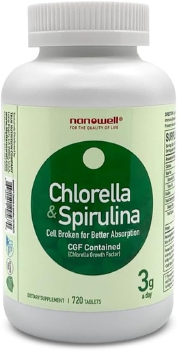 [BRSRMCQLB56QYCLF] NANOWELL Chlorella & Spirulina 720 Tablets - Chlorella, Spirulina, Antioxidants, Vitamins, Rich in Proteins, Broken Cell Wall (720 Count)