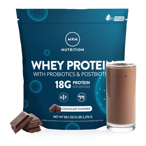 [BRSWIYABCEGAAADO] MRM Nutrition Whey Protein - Chocolate Flavored, Microfiltered Whey Protein Isolate & Concentrate, 16 Different Probiotic Strains, BCAAs, & Digestive Enzymes, Gluten Free, for Women & Men- 84 Servings