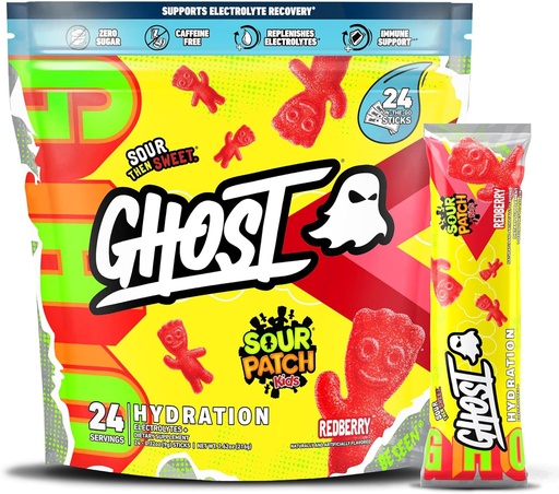 [BRSRMFILAR7Q2CYZ] GHOST Hydration Packets, Sour Patch Kids Redberry, 24 Sticks, Elektrolytpulver - Getränke Mix Supplement mit Magnesium, Kalium, Calcium, Vitamin C - Vegan, frei von Soja, Zucker & Gluten
