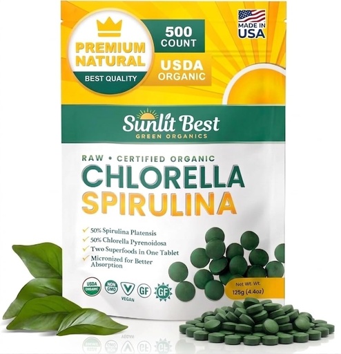 [BRSW2ZAHOJ5B42TF] Sunlit Best Chlorella Spirulina Tablets - Organic USDA, Premium Spirulinas and Chlorella Capsules 500 Pills - Chlorellas Natural Superfood with Spirulina Algae, Enzymes Chlorophyll & Vegan Protein