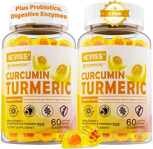 [BRSRA2YYB55A23TH] Sugar Free Turmeric Curcumin Filled Gummies 550mg for Adults, Ginger & Black Pepper | 95% Curcuminoids w/Prebiotic Probiotic & Postbiotic Blend, Support, Immune & Digestive Health, Vegan, 2Pack