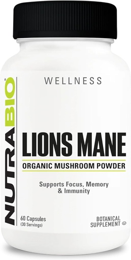 [BRSROEDYCABR62Q4] NutraBio Lions Mane Supplement Capsules- Organic Lion's Mane Mushroom Powder (500mg)- Focus, Memory, Immunity - 60 cápsulas vegetales