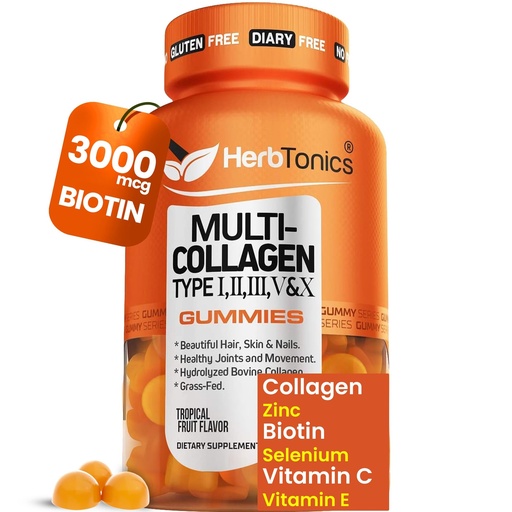 [BRSWGCYFA4PGC2DH] Herbtonics Multi Collagen Gummies with Biotin & Vitamin C, Hydrolyzed Collagen Peptides Types I, II, III, V, X for Hair, Skin, Nails, & Bone Support - New & Improved Tropical Flavor, 60 Gummies