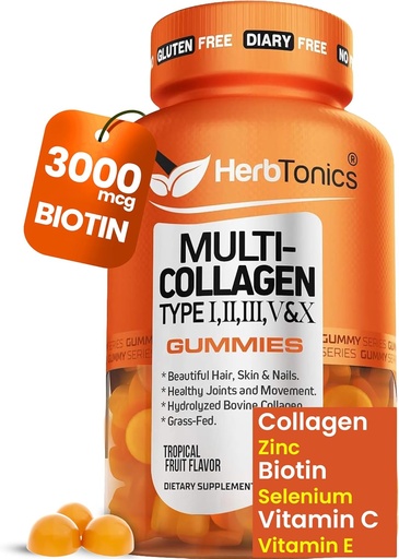 [BRSWGCYFA4PGC2DH] Herbtonics Multi Collagen Gummies with Biotin & Vitamin C, Hydrolyzed Collagen Peptides Types I, II, III, V, X for Hair, Skin, Nails, & Bone Support - Tropical Flavor, 60 Gummies