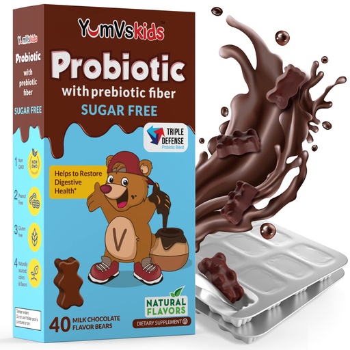 [BRSWIHL6OENRME3Y] YumVs Probiotics for Kids with Prebiotic Fiber Sugar Free Chocolate Chewable Supplements - Dietary Supplement Chewables for Digestive Health - Toddlers, Kids & Teens 60 Count
