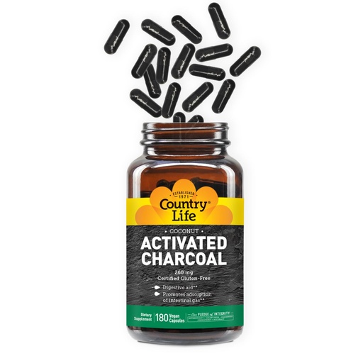 [BRSWKED6CFYAGFTU] Country Life Activated Organic Coconut Charcoal Capsules, 260mg – Natural Charcoal Supplement for Gas and Bloating Relief, Gluten-Free, 180 Vegan Capsules