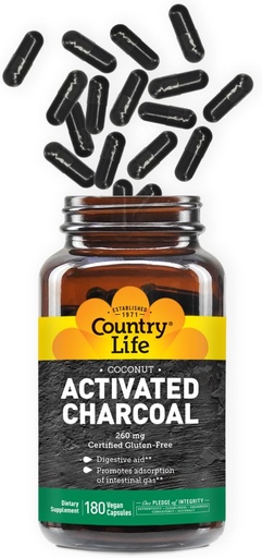 [BRSWKED6CFYAGFTU] Country Life Activated Organic Coconut Charcoal Capsules, 260mg - Přírodní Charcoal Supplement for Gas and Bloating Relief, Gluten- Free, 180 Vegan Capsules