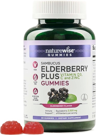 [BRSROBINB4HQ4AA6] NatureWise Sambucus Elderberry Gummies - Immune Support Supplement for Kids Ages 4+ & Adults with Vitamin C, D3, Zinc - Elderberries Equivalent to 3520mg - Vegan, Non-GMO - 60 Count[30-Day Supply]