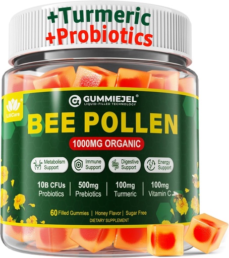 [BRSRAHT7OABRYCDU] Digestive Health & Weight Bee Pollen Organic 1000mg, w/Probiotics, Prebiotics & Turmeric, Bee Pollen Gummies Rich in B-Vitamin, Antioxidants, Amino Acids, for Digestive, Weight & Energy