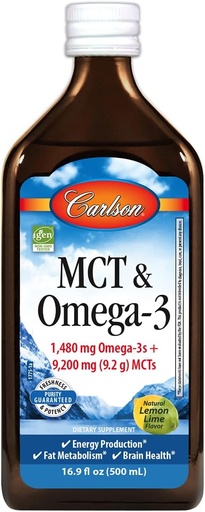 [BRSWGAYKPIFWAHTH] Carlson - MCT & Omega-3, 1480 mg Omega-3s, 9200 mCTs, Keto-Friendly, Caprylic & Capric Acids, Energy Production, Fat Metabolism, Lemon-Lime, 500 mL (16.9 Fl Oz) (中文(简体) ).