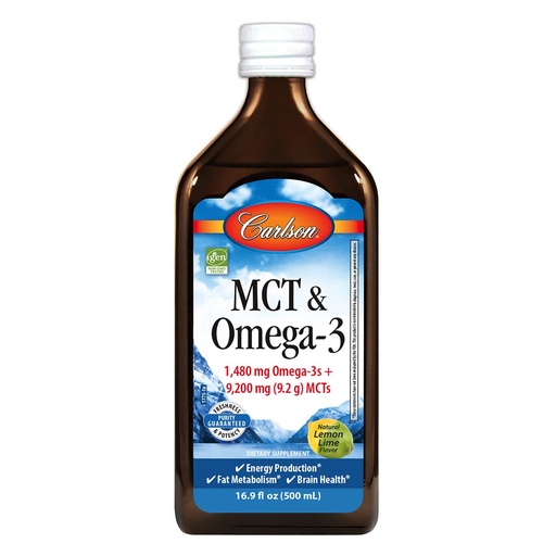 [BRSWGAYKPIFWAHTH] Carlson - MCT & Omega-3, 1480 mg Omega-3s, 9200 mg MCTs, Keto-Friendly, Caprylic & Capric Acids, Energy Production, Fat Metabolism, Lemon-Lime, 500 mL (16.9 Fl Oz)