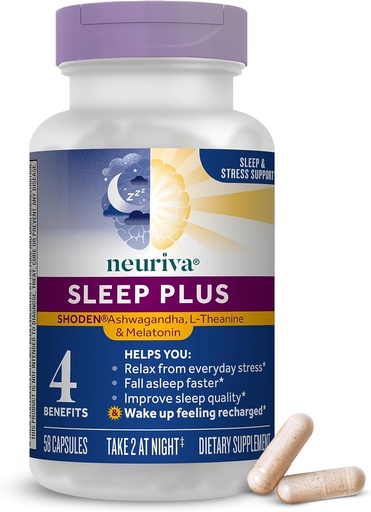 [BRSW2CY7BZ4B4DYV] NEURIVA Sleep Plus with 4-in-1 Benefits - Clinically Tested Ashwagandha, L-Theanine & Melatonin - Reduce Stress, Fall Asleep Faster, Improve Sleep Quality, Wake Up Refreshed*, 58ct Capsules