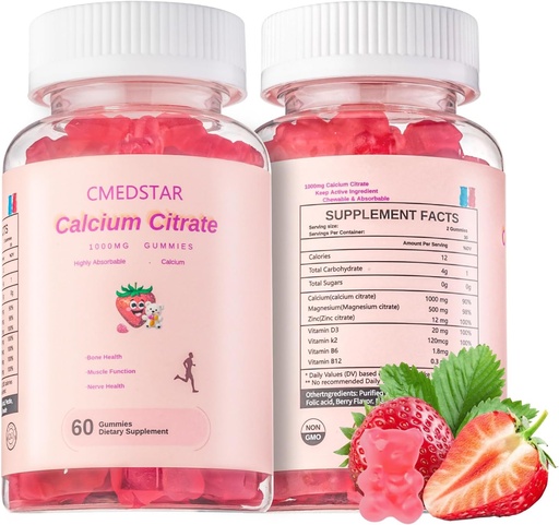 [BRSRAGT3DN5BQH35] Chewable Calcium Citrate Gummies 1000mg with Vitamin D3 & K2, B6 & B12, Magnesium, Zinc for Bones, Muscles &apos; Joints, Immunity &apos; Memory Support, Sugar-Free, Gluten Free, Vegetarian, Strawberry, 60 count