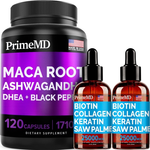 [BRSW2CD3CF6WYC3B] 4-in-1 Liquid Biotin Collagen Keratin Saw Palmetto Drops (2 fl oz - 2 Pack) & 6-in-1 Maca Root Ashwagandha w Black Pepper Fruit (120ct) Bundle - Hair, Skin, Nails, Energy & Mood Support Supplement
