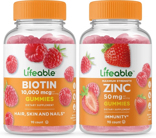 [BRSW2HQROJ7GGCLZ] Lifeable Biotin + Zinc 50mg, Gummies Bundle - Great Tasting, Vitamin Supplement, Gluten Free, GMO Free, Chewable