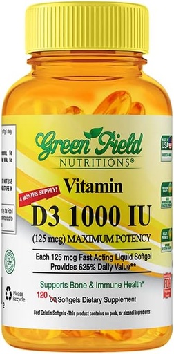 [BRSWG2QFAQDQIAA2] 绿地营养(Halal Vitamin D3 Softgel) - 高发性维生素D3 1000 IU(125 mcg),120 不受欢迎的迷你软胶 - Halal Beef Gelatin D 3 维生素,支持Immune Bone 茶叶脑和头发