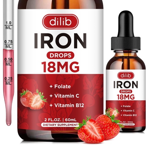 [BRSRO2QZOQFBU3DF] Liquid Iron Supplement for Women & Men Iron Drops Iron Supplements for Anemia with Folate, Vitamin C, B12 for Red Blood Cell Support-Strawberry, 2 Fl Oz