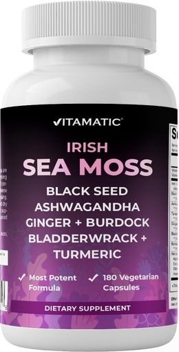 [BRSRAGA2OV5AEG3G] Vitamatic Sea Moss cu Black Seed Oil, Ashwagandha, Turmeric, Bladderwrack & Burdock - 180 Vegan Capsule