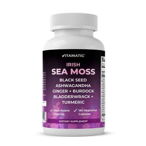 [BRSRAGA2OV5AEG3G] Vitamatic Sea Moss with Black Seed Oil, Ashwagandha, Turmeric, Bladderwrack & Burdock – Concentrated Botanical Extract – Vegan, Non-GMO, Plant-Based Capsules – 180 Count