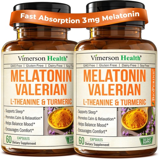 [BRSRAYD3DINWMFDL] Melatonin 3mg + Valerian Root for Sleep, Daily Calm & Stress Relief Support – Natural Sleep Aid: Organic Turmeric Melatonin Valerian Supplement with L-Theanine, Ginger & Black Pepper – 2 Pack