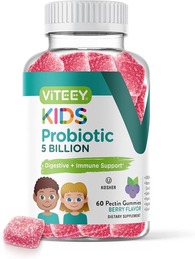[BRSROYYBAQPAKC3P] Viteey Probiotic Gummies for Kids - 5 Billion CFUs - Probiotics Kids Constipation Relief, Natural Immune & Digestive Health Support - Vegetarian, Gelatin Free, GMO Free - Tasty Berry Flavored Gummy