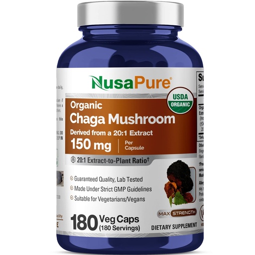 [BRSROHY3CMMQAAA6] Chaga Mushroom 150mg, 180 Veggi Capsules, Non GMO, Vegan - 180 Servings | Herbal Formula, Inonotus Obliquus Mushroom Extract, USDA Organic, Suitable for Adults, Made in cGMP Registered Facility USA